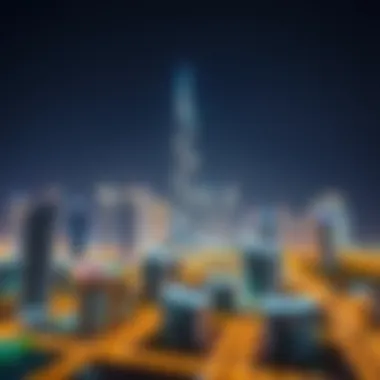 Night view of the Afamia Tower illuminated against the skyline