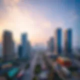 A panoramic view showcasing Burj Avenue, highlighting the architectural beauty and vibrant surroundings.