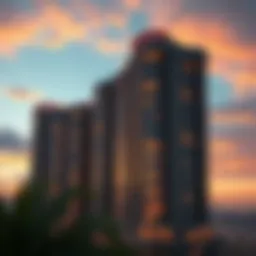 Stunning architectural view of Clover Bay Tower 1 at sunset