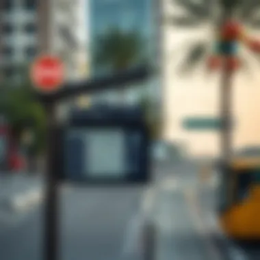 Illustration of a bus stop with signage in Dubai