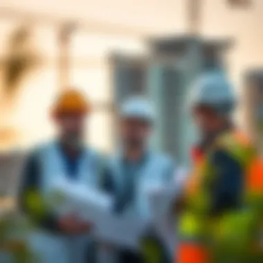 Engineering Insights at Creek Tower Engineers discussing plans with a backdrop of the construction site