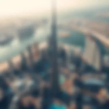 Aerial Perspective of Dubai's Iconic Landmark An aerial view showcasing the tallest building amidst the urban landscape