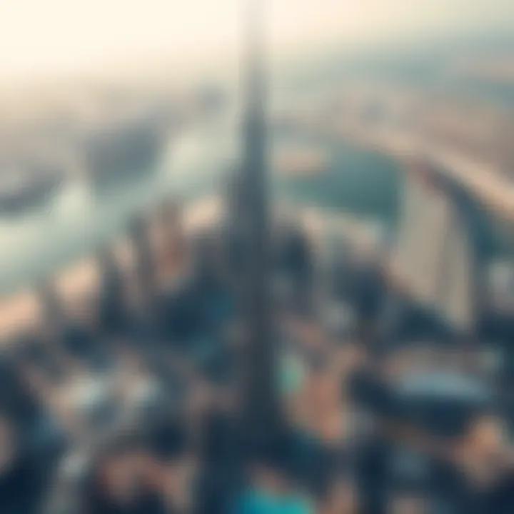 Aerial Perspective of Dubai's Iconic Landmark An aerial view showcasing the tallest building amidst the urban landscape