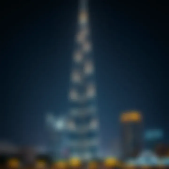 Illuminated Beauty of Dubai's Tallest Building A night view of Dubai's tallest building illuminated against the dark sky