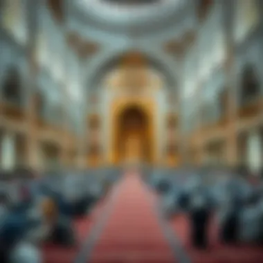 The interior of a mosque filled with worshippers during Eid prayers