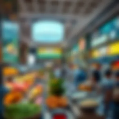 Diverse Food Court Offerings A bustling food court with diverse food options on display