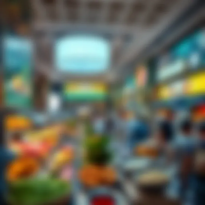 Diverse Food Court Offerings A bustling food court with diverse food options on display
