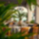 An elegant dining setup featuring lush greenery