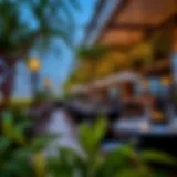 An inviting terrace dining area with lush greenery