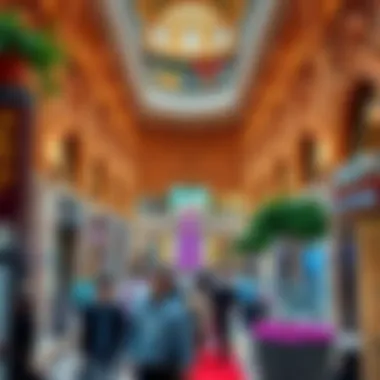 The intricate architecture of the Dubai Mall, surrounded by bustling shoppers and vibrant atmosphere.