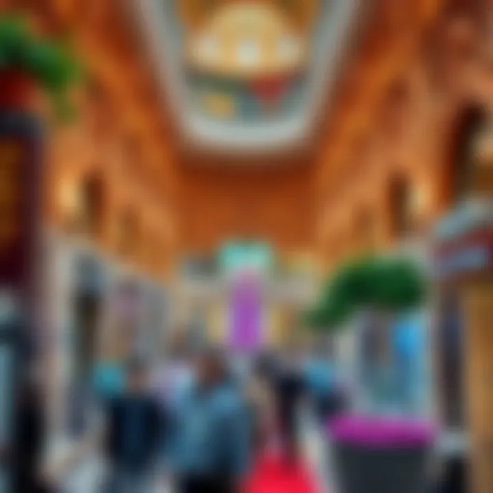 The intricate architecture of the Dubai Mall, surrounded by bustling shoppers and vibrant atmosphere.