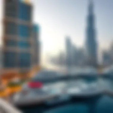 A panoramic view of the Dubai Marina, highlighting luxury yachts and stunning skyscrapers.