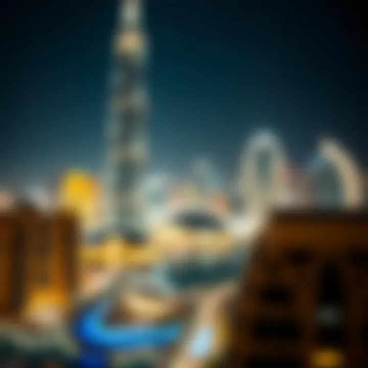 Night view of the tower illuminated against the Dubai skyline