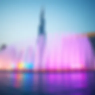 Colorful light display at the Dubai Fountain with the Burj Khalifa in the background.