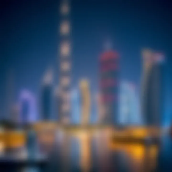 Stunning view of Dubai Marina at night with illuminated skyscrapers.