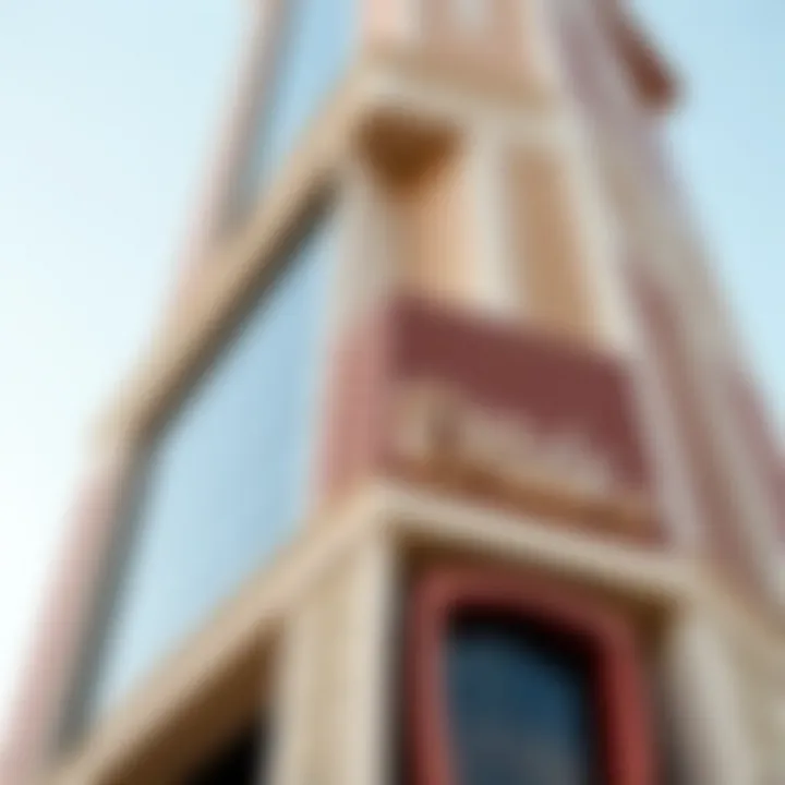 Close-up of the intricate facade details of Dunya Tower