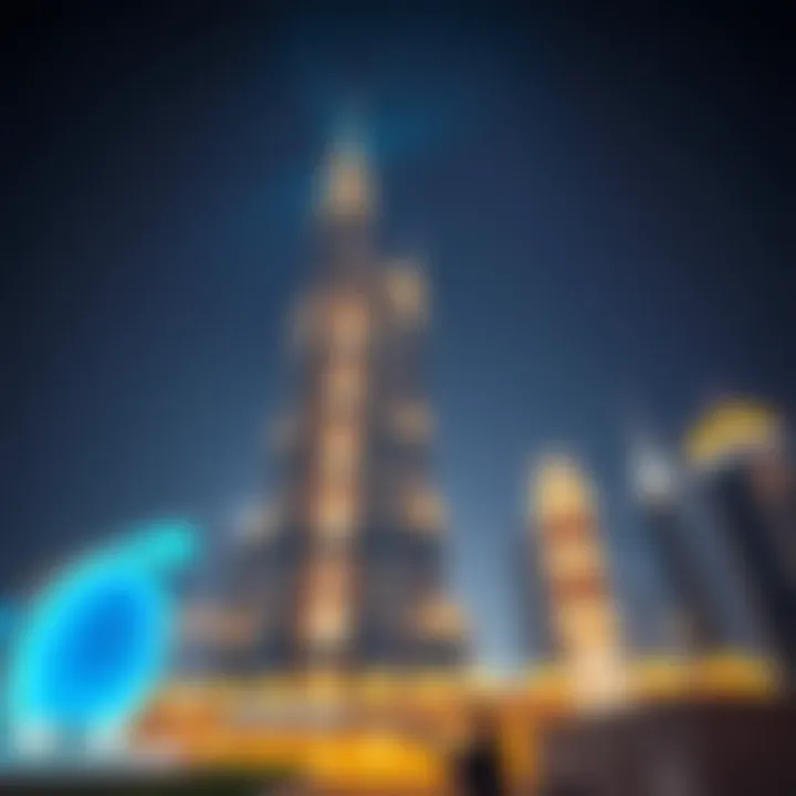 Nighttime illumination of Dunya Tower against the Dubai skyline