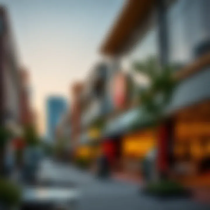 Vibrant commercial area in JVC District 12 filled with shops and cafes