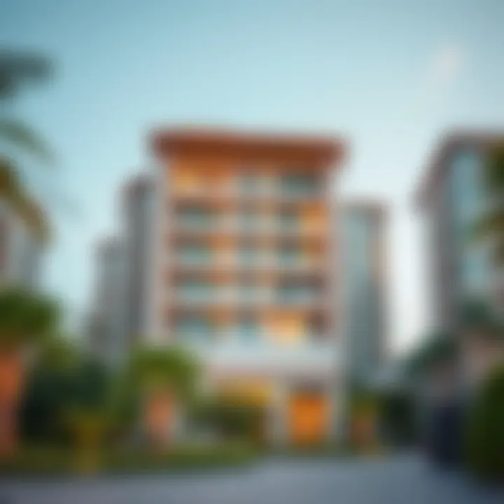 Luxurious residential building in JVC District 12 with lush landscaping