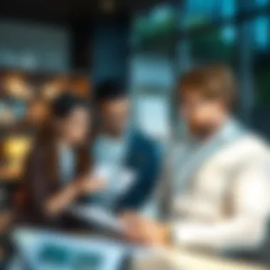 Investor Analysis in Off-Plan Market Investors analyzing off-plan property options in a contemporary setting