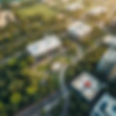 Aerial view of Park Place with lush green spaces