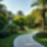 Lush green park in Khalifa City with walking paths