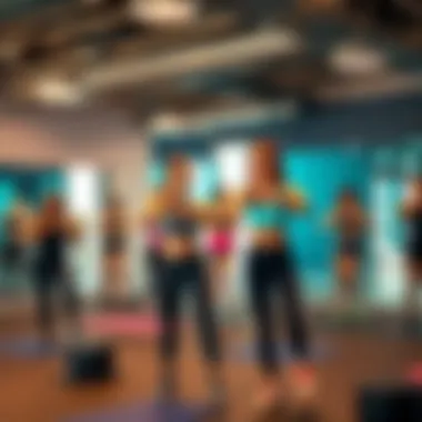 Vibrant Group Fitness Class Group fitness class taking place in a vibrant gym environment