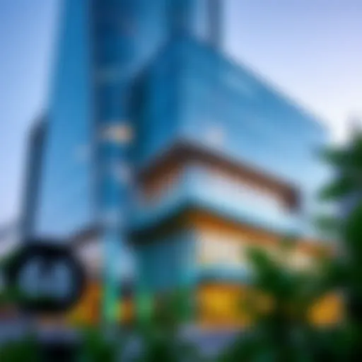 Exterior view of the Crystal Blue Building showcasing its unique architectural design