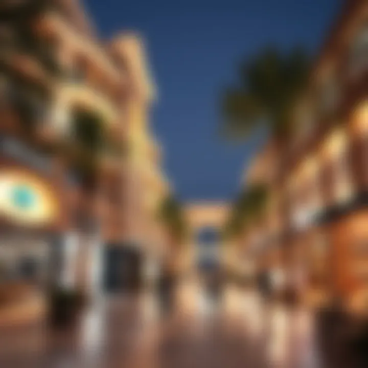 Vibrant shopping district on Palm Island with upscale boutiques and dining options