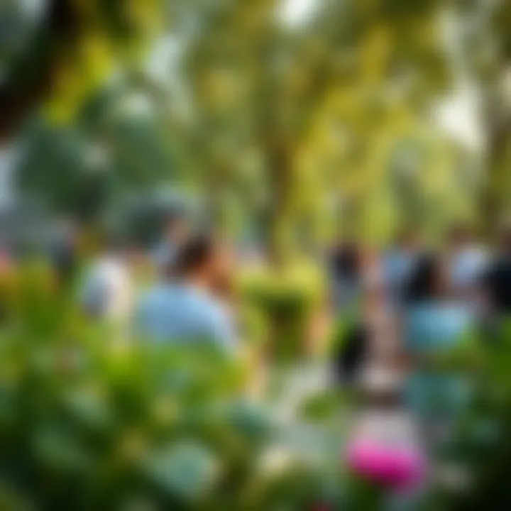 A community gathering at a green space promoting social interaction and well-being