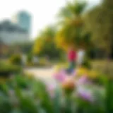 A vibrant urban park filled with diverse flora and citizens enjoying recreational activities