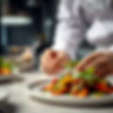 Artful Garnishing of a Vegetarian Dish A chef expertly garnishing a vegetarian dish with fresh herbs and spices.