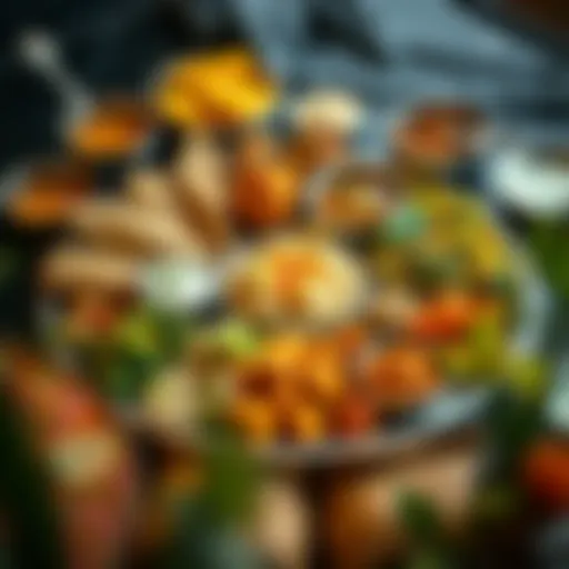 A vibrant thali featuring an array of vegetarian dishes showcasing Indian spices and flavors.