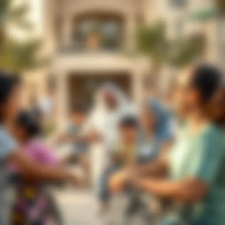 Community Life in Wasl Village Vibrant community life in Wasl Village with families enjoying leisure activities