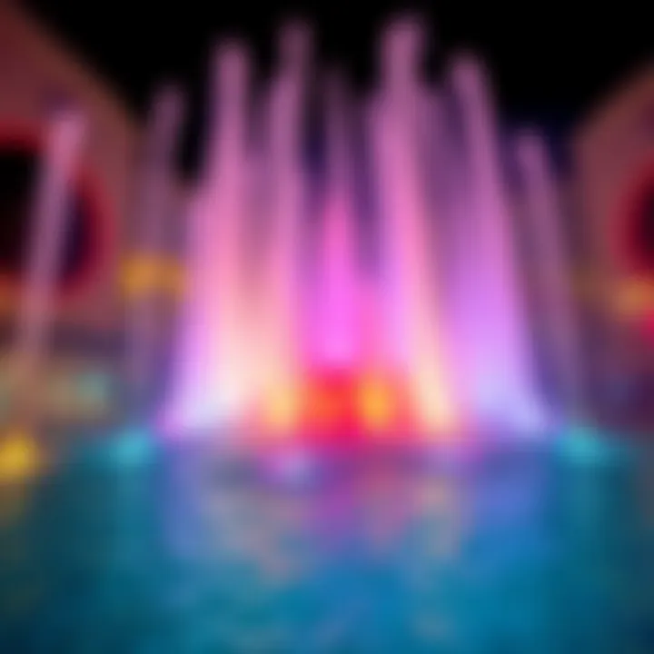 Illuminated Water Jets of the Fountain A close-up of the fountain's water jets illuminated by colorful lights.