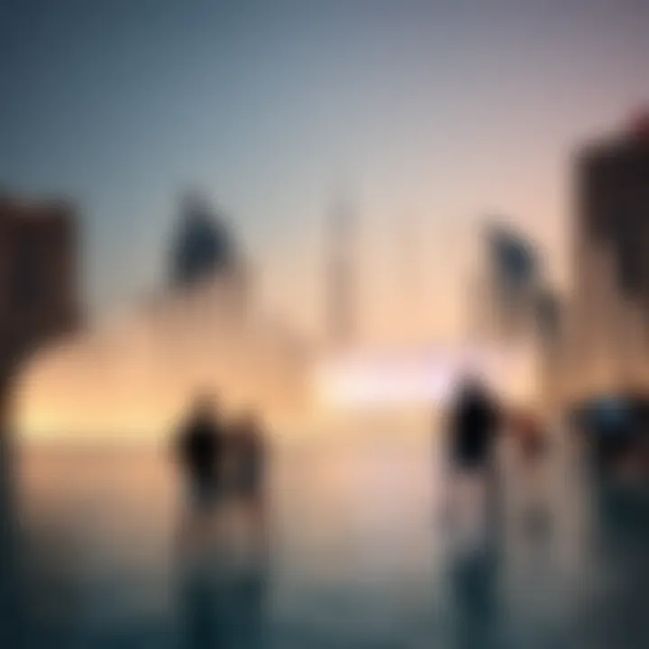 Evening Delight at Dubai Mall Fountain Visitors enjoying the fountain show at dusk with the Dubai skyline in the background.