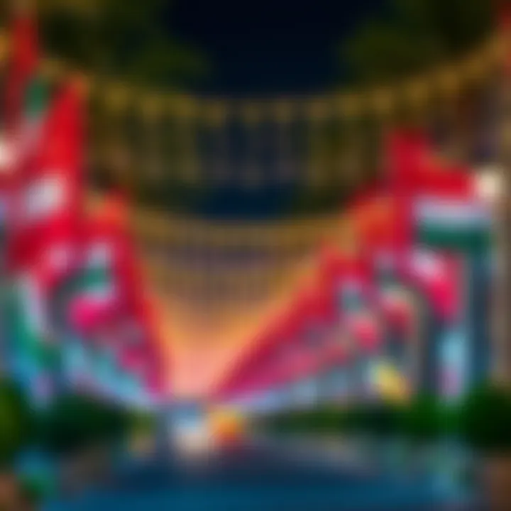 Vibrant Street Decorations for National Day A beautifully decorated street in the UAE adorned with flags and lights for National Day