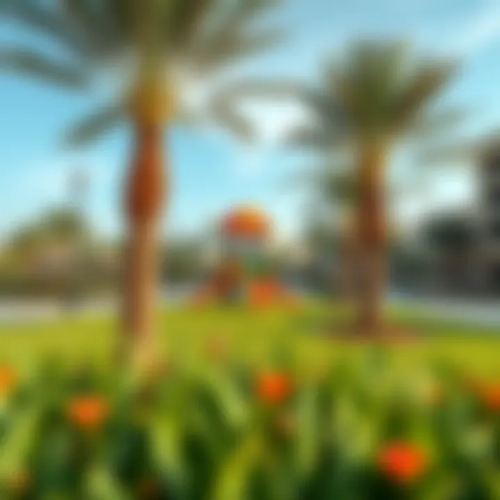 Community amenities in International City, emphasizing parks and recreational areas