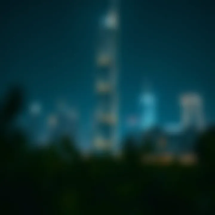 Night view of Palladium Tower illuminated against the Dubai skyline