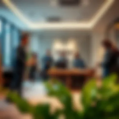 A vibrant real estate office with professionals discussing strategies.