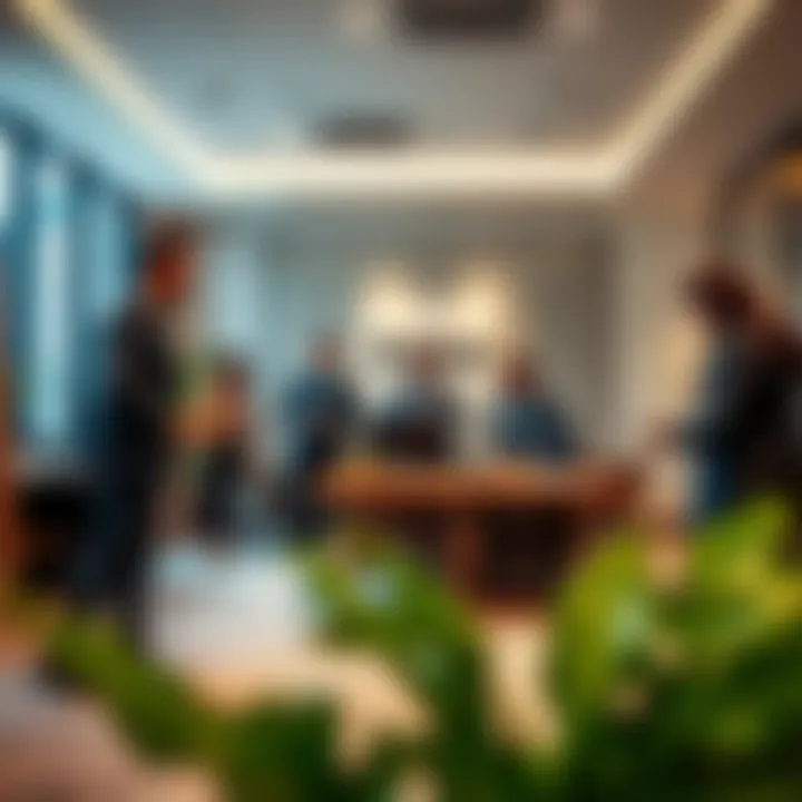 A vibrant real estate office with professionals discussing strategies.