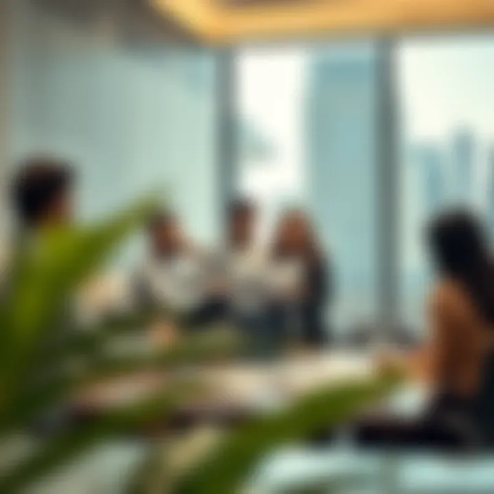 Real Estate Consultation An illustration of a modern real estate office with professionals discussing plans