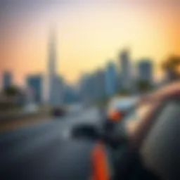 A scenic view of Dubai's skyline with a car on the road.